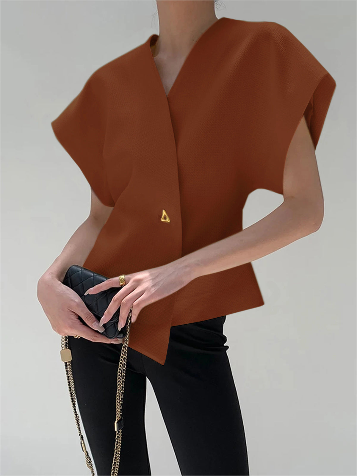 Trendy V-neck button-down blouse