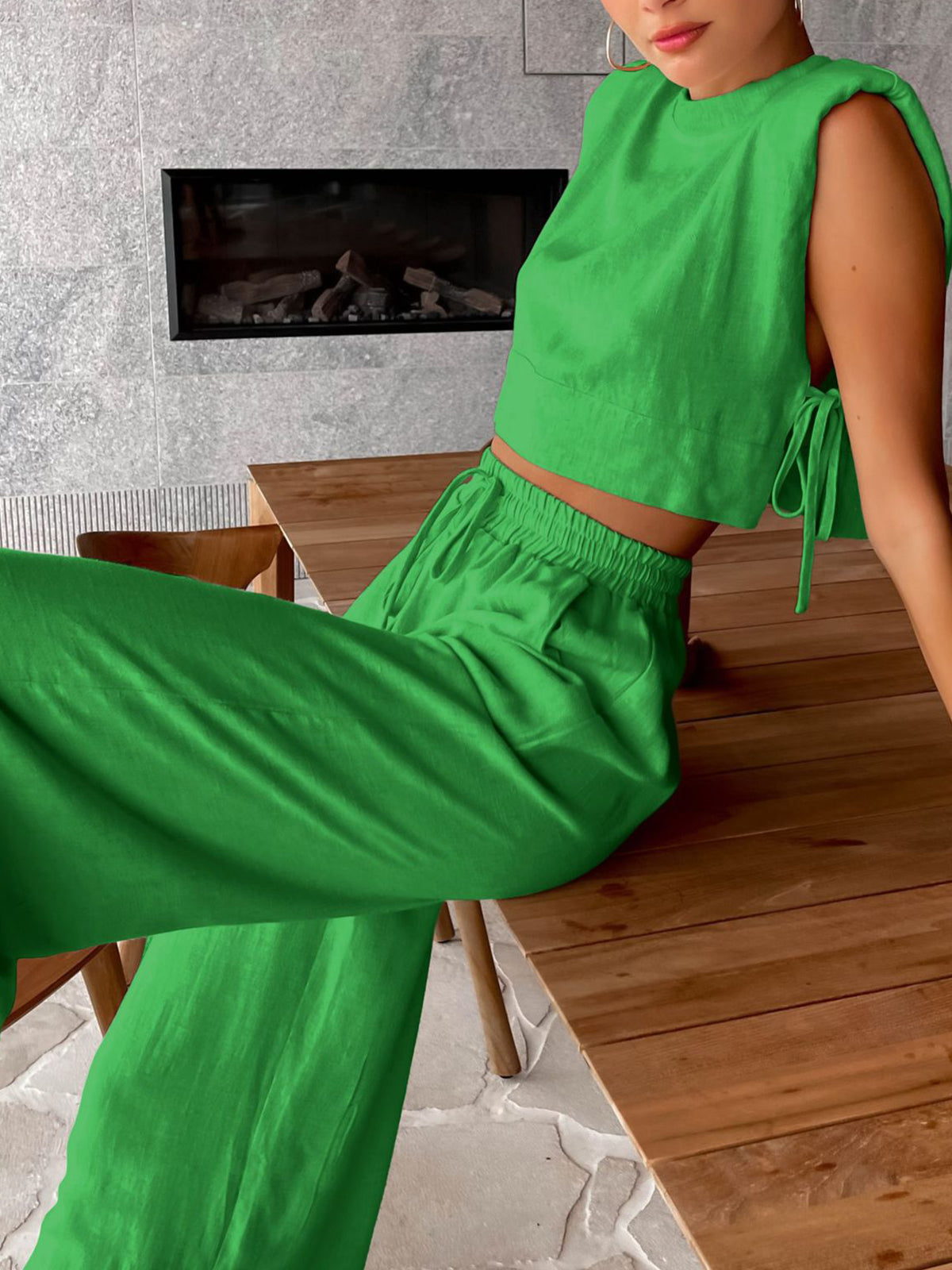 Ensemble deux pièces pantalon large utilitaire en lin
