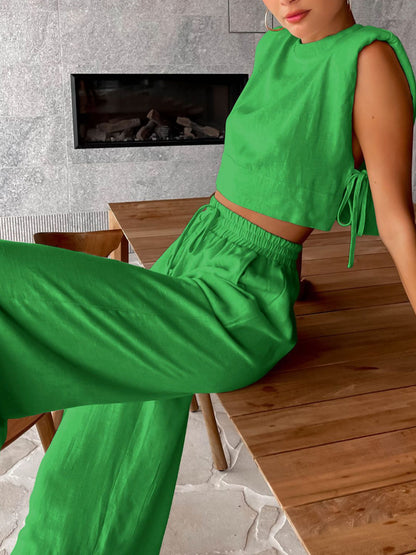 Ensemble deux pièces pantalon large utilitaire en lin