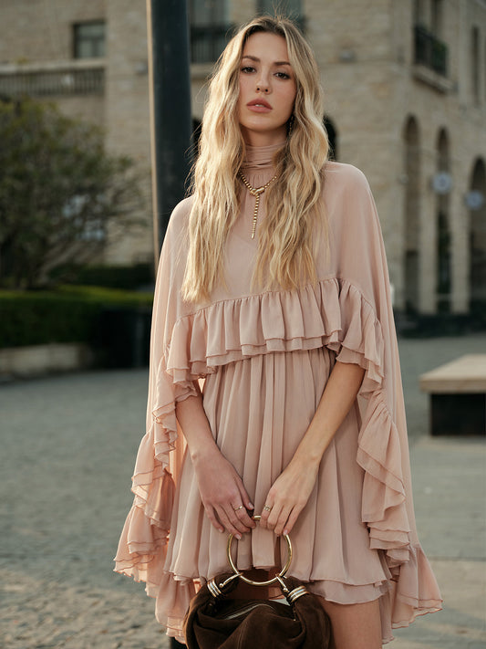 Semi-sheer chiffon tiered dress with outer cape