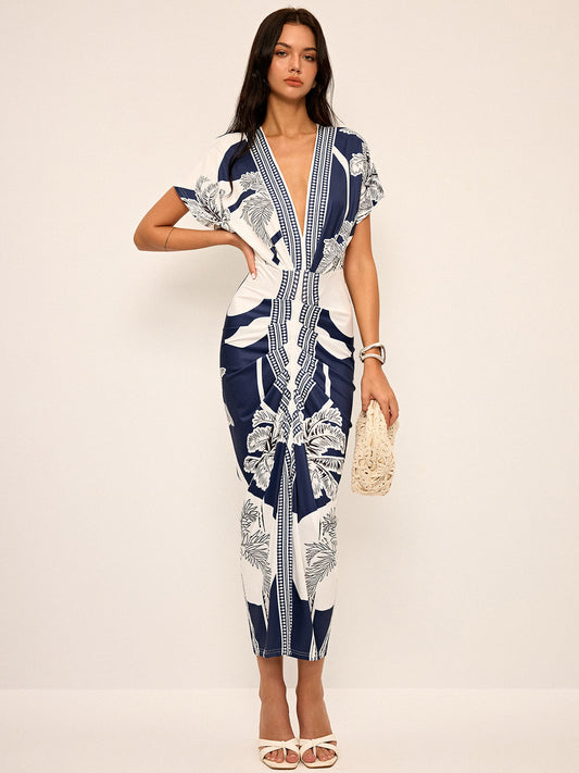 Printed plunging V-neck midi dress without belt