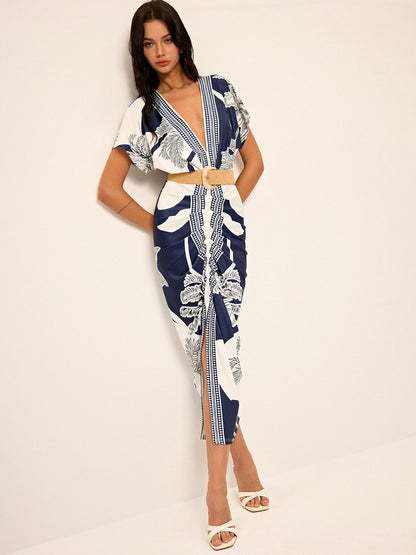 Printed plunging V-neck midi dress without belt