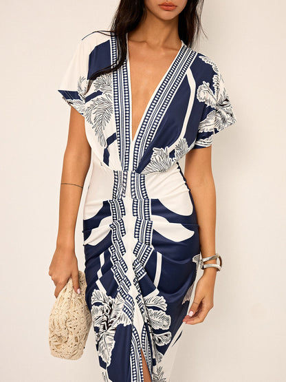 Printed plunging V-neck midi dress without belt