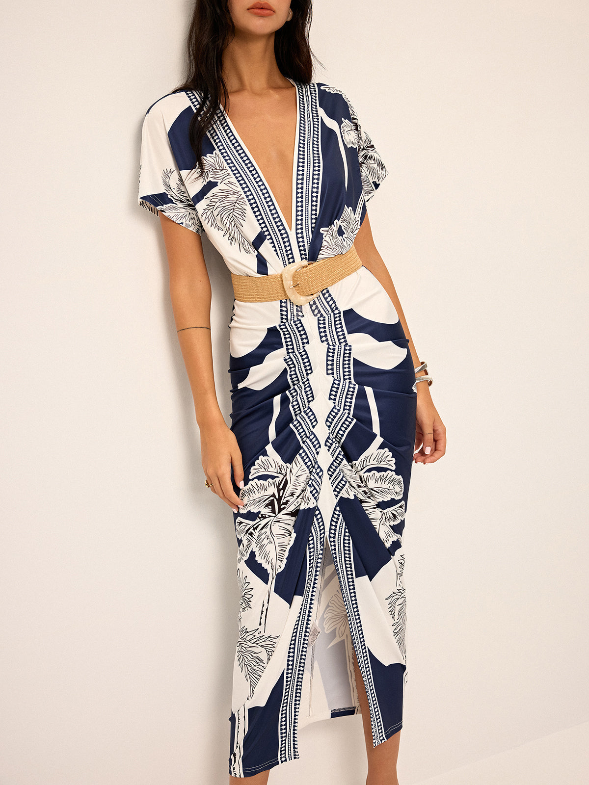Printed plunging V-neck midi dress without belt