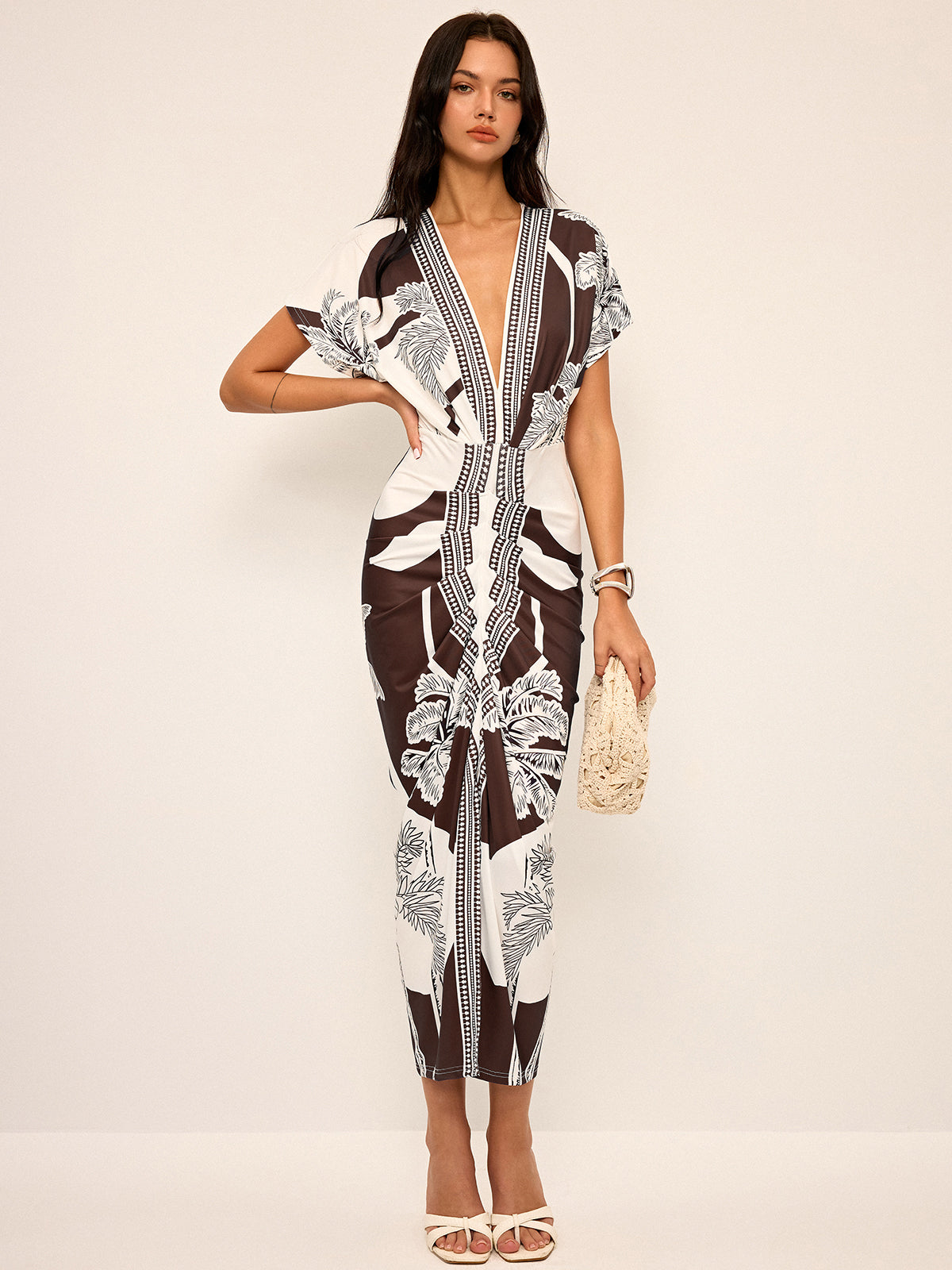 Printed plunging V-neck midi dress without belt