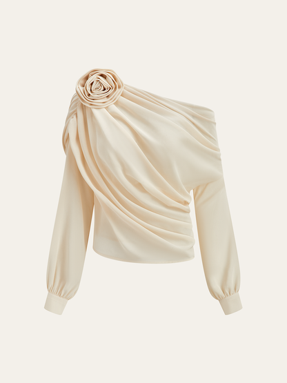 One-shoulder asymmetric blouse in semi-sheer chiffon