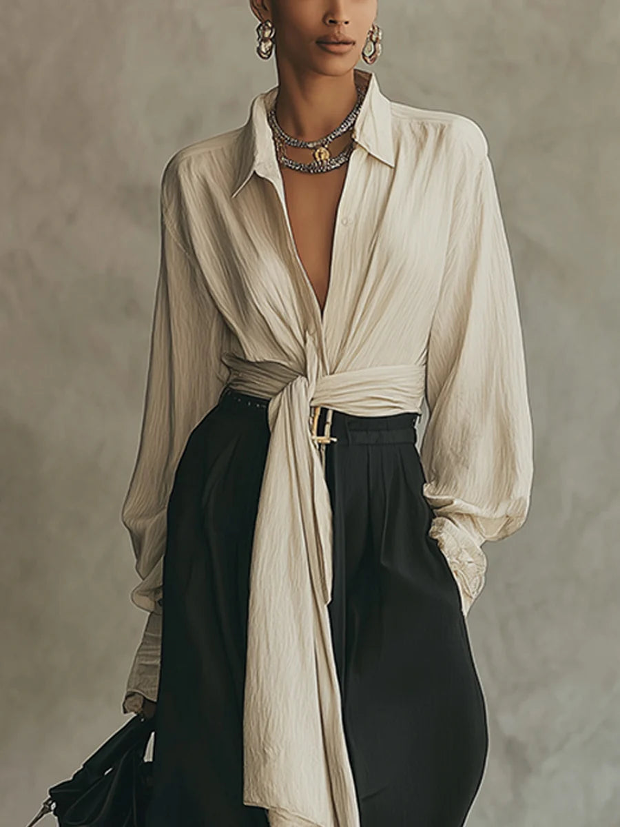 Set including a bow shirt and wide-leg trousers