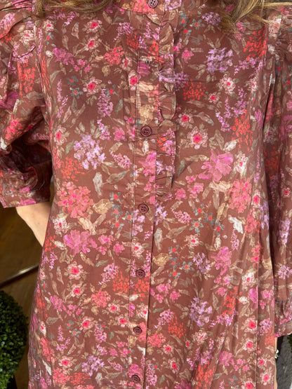 Robe d'automne florale pour femme à manches bouffantes