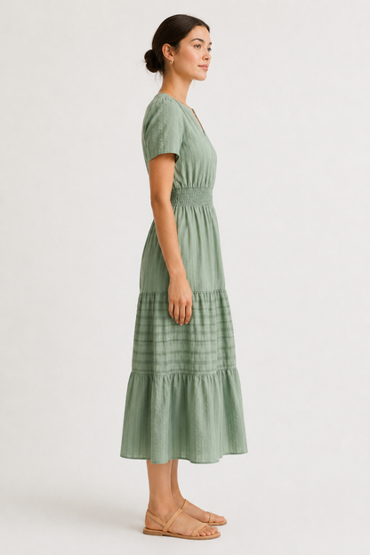 Tiered Notched Short Sleeve Dress
