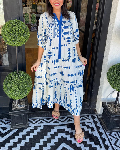 Women's V-neck button-down dress with geometric print