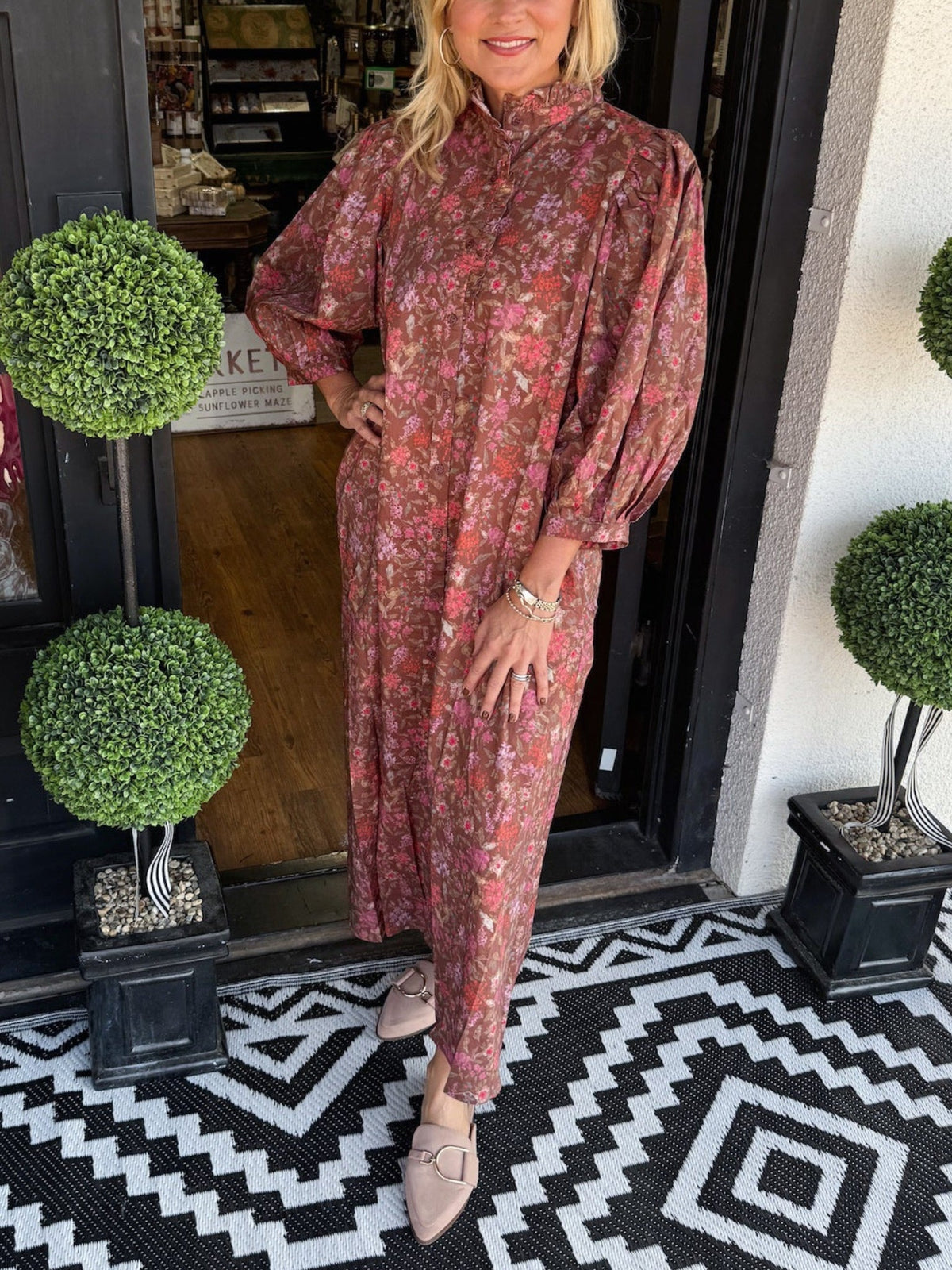 Robe d'automne florale pour femme à manches bouffantes