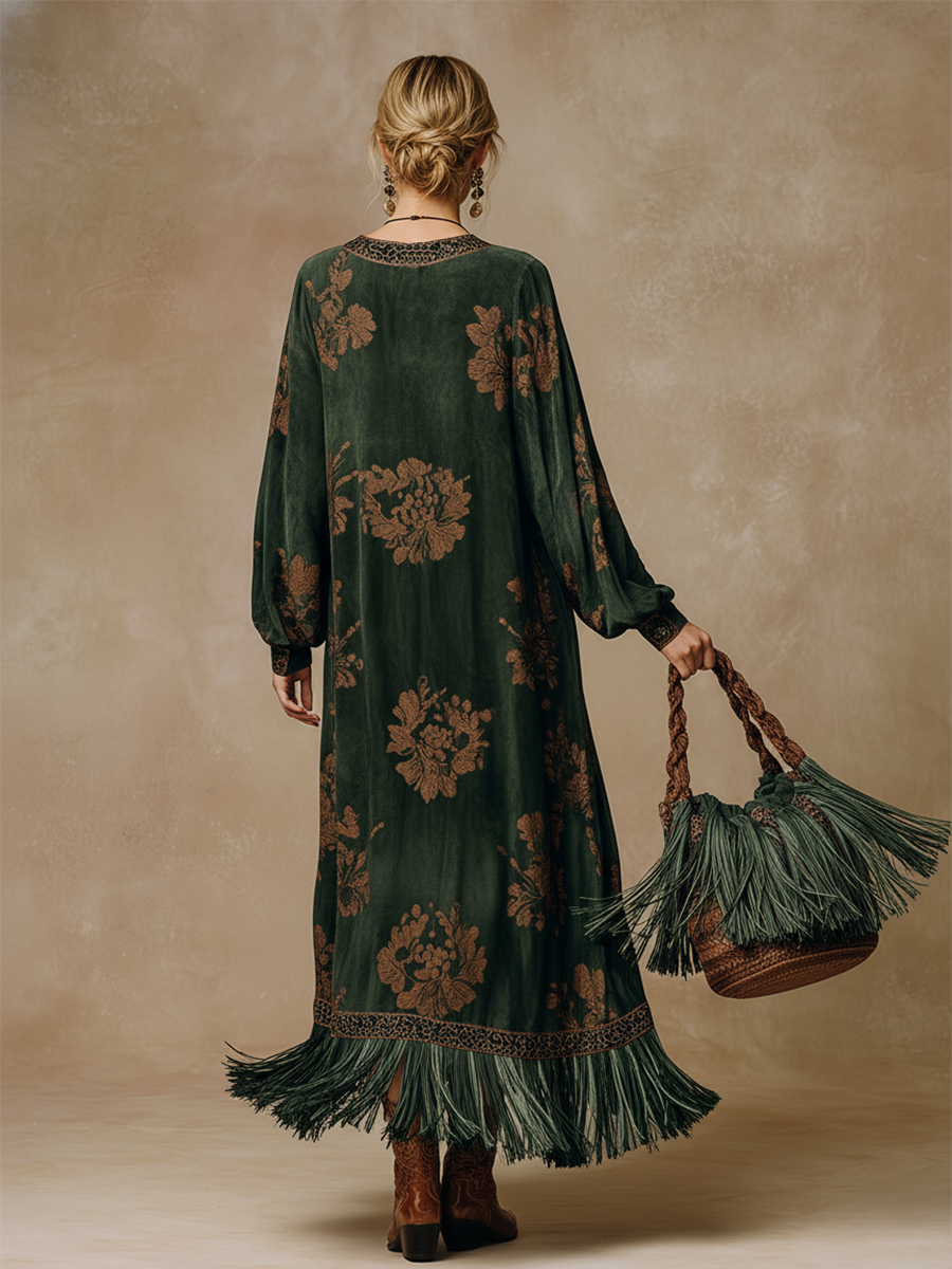 Green Retro Silhouette Print Faux Suede Maxi Dress with Tassels