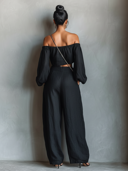 Ensemble blouse longue sans bretelles à manches longues en mélange de lin et pantalon ample à jambes larges pour femme