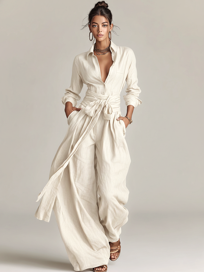 Elegant brown woven cotton-linen women's jumpsuit with long sleeves, shirt collar, and belt