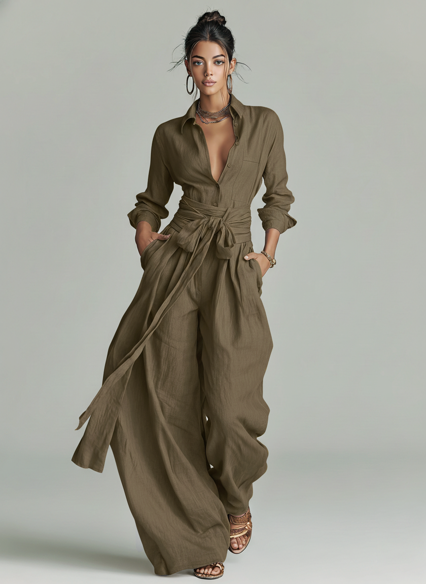 Elegant brown woven cotton-linen women's jumpsuit with long sleeves, shirt collar, and belt