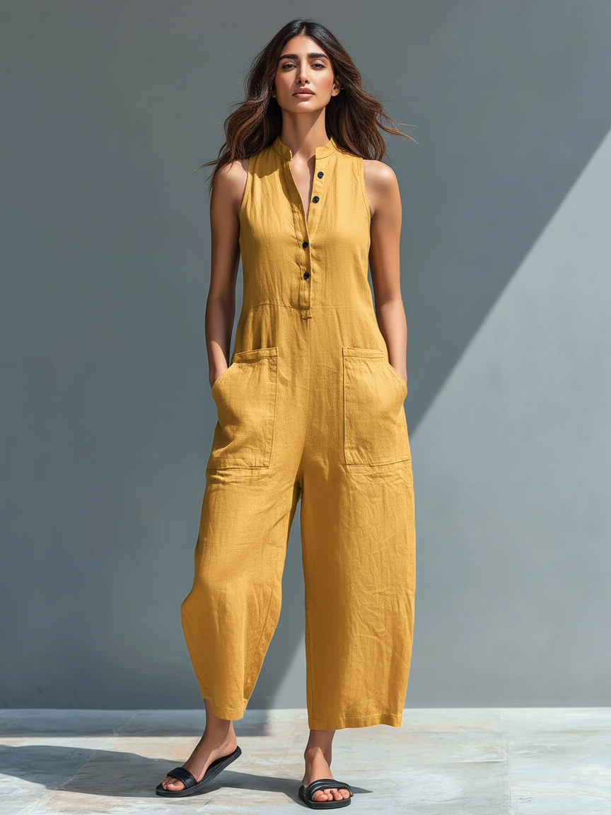 Combinaison sans manches ample boutonnée à col montant en mélange de lin minimaliste pour femme