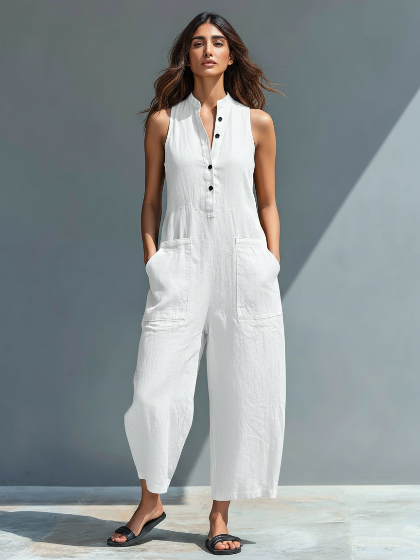 Combinaison sans manches ample boutonnée à col montant en mélange de lin minimaliste pour femme