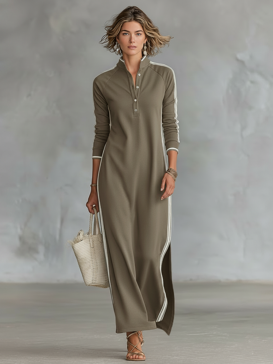 Robe sweat maxi minimaliste à col boutonné avec finitions blanches