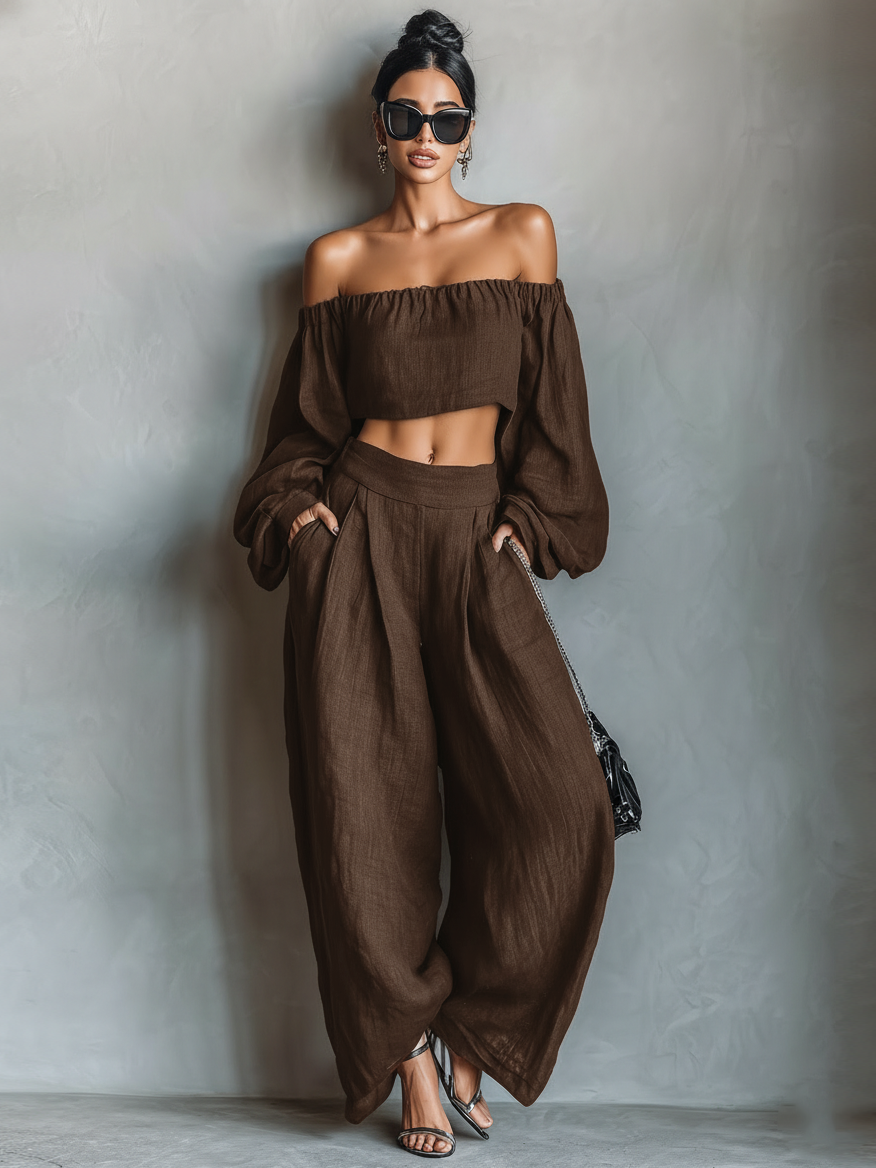 Ensemble blouse longue sans bretelles à manches longues en mélange de lin et pantalon ample à jambes larges pour femme