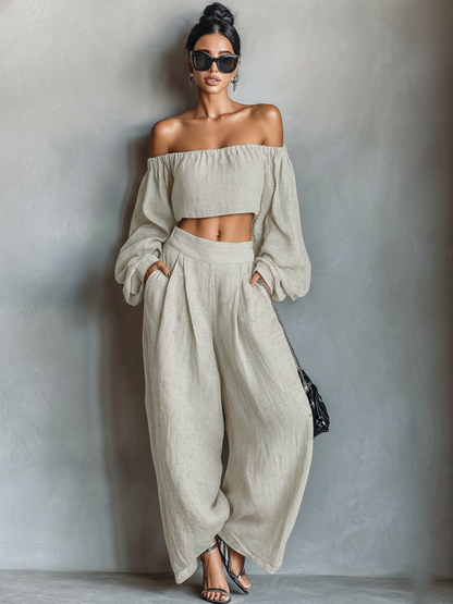 Ensemble blouse longue sans bretelles à manches longues en mélange de lin et pantalon ample à jambes larges pour femme
