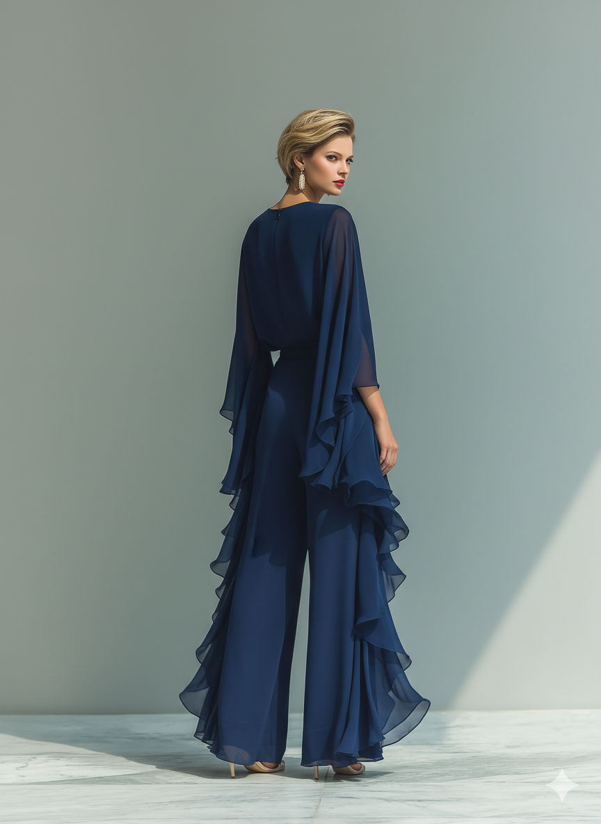 Women's set consisting of a navy blue chiffon top with flared sleeves and straight pants with ruffled details