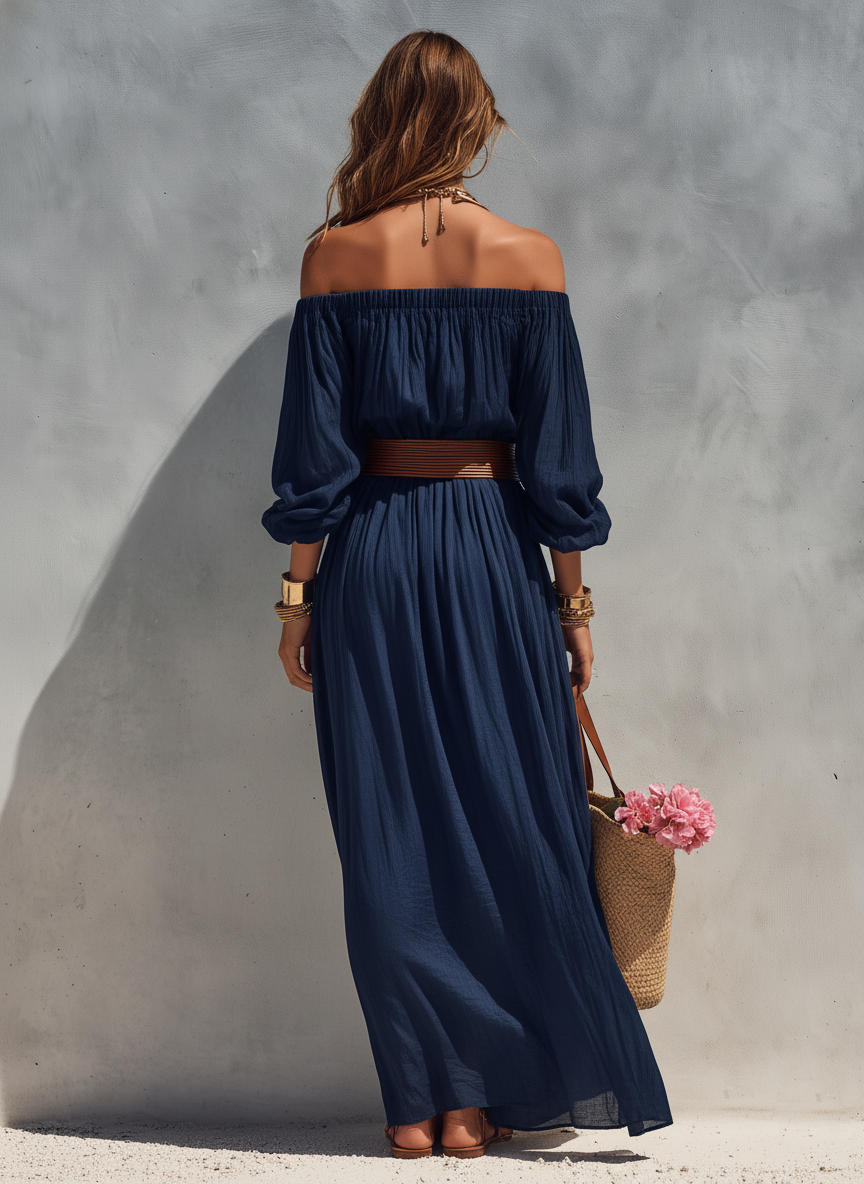 Robe longue sans bretelles à manches longues en coton et lin bleu foncé décontractée pour femme (ceinture non incluse)