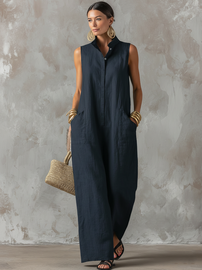 Combinaison Femme Minimaliste Ample en Lin Mélangé — Col Montant, Sans Manches, Boutonnage Simple