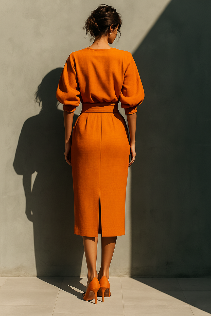Ensemble femme haut mi-manches et jupe midi orange