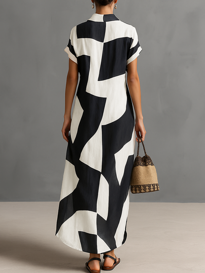 Robe‑chemise maxi à manches courtes, à col revers, à simple boutonnage, à imprimé géométrique irrégulier, mélange coton et lin pour femme