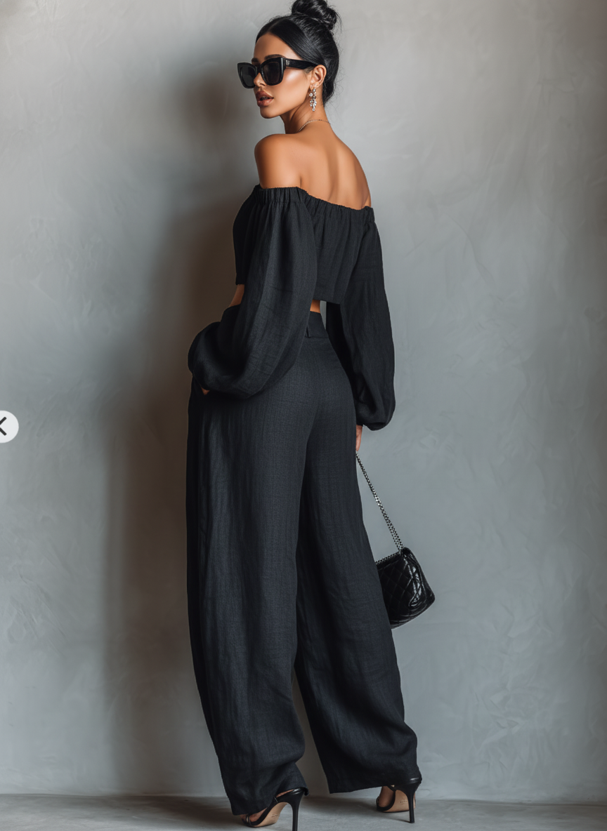 Ensemble blouse longue sans bretelles à manches longues en mélange de lin et pantalon ample à jambes larges pour femme