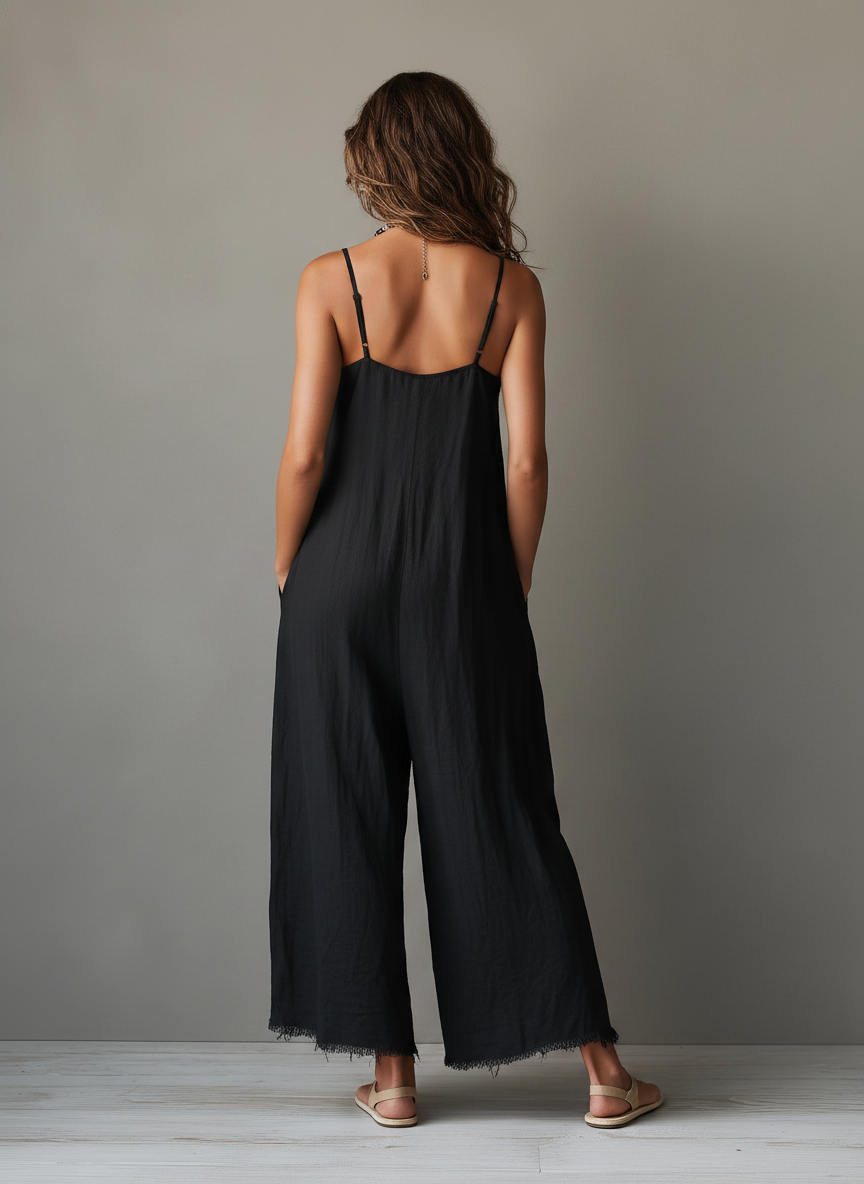 Combinaison ample minimaliste pour femme en lin mélangé avec décolleté en dentelle, bretelles spaghetti et ourlets effilochés