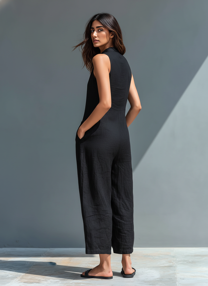 Combinaison sans manches ample boutonnée à col montant en mélange de lin minimaliste pour femme