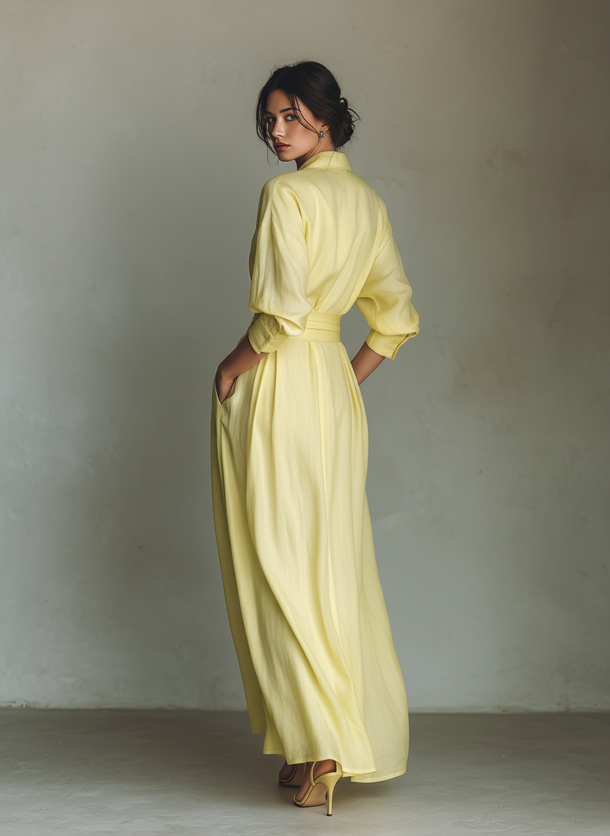 Long lemon yellow cotton-linen blend shirt dress with a tie waist and mid-length sleeves