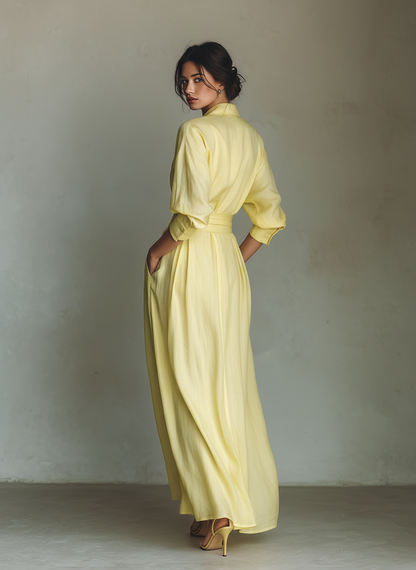 Long lemon yellow cotton-linen blend shirt dress with a tie waist and mid-length sleeves