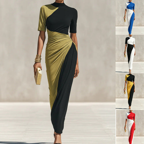 Robe fourreau midi asymétrique à blocs de couleur, froncée et à col montant
