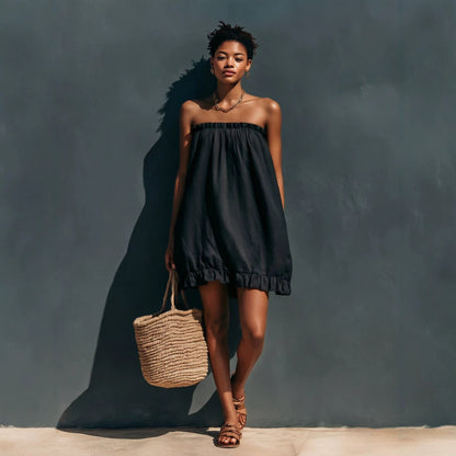 Robe courte ample en lin bustier à volants
