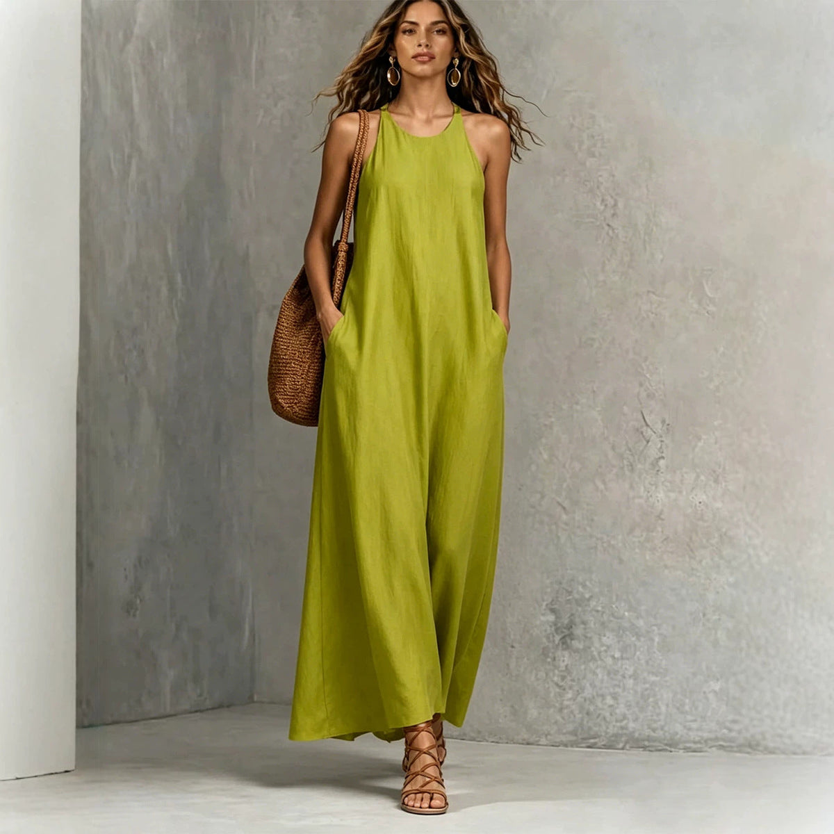 Robe longue texturée sans manches à encolure ronde et poches, coupe tente