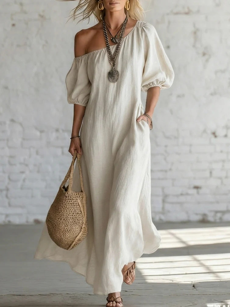 Robe longue en lin mélangé à épaules dénudées sans effort