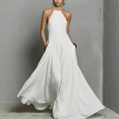 Robe longue simple sans manches à dos nu en mélange de coton et de lin