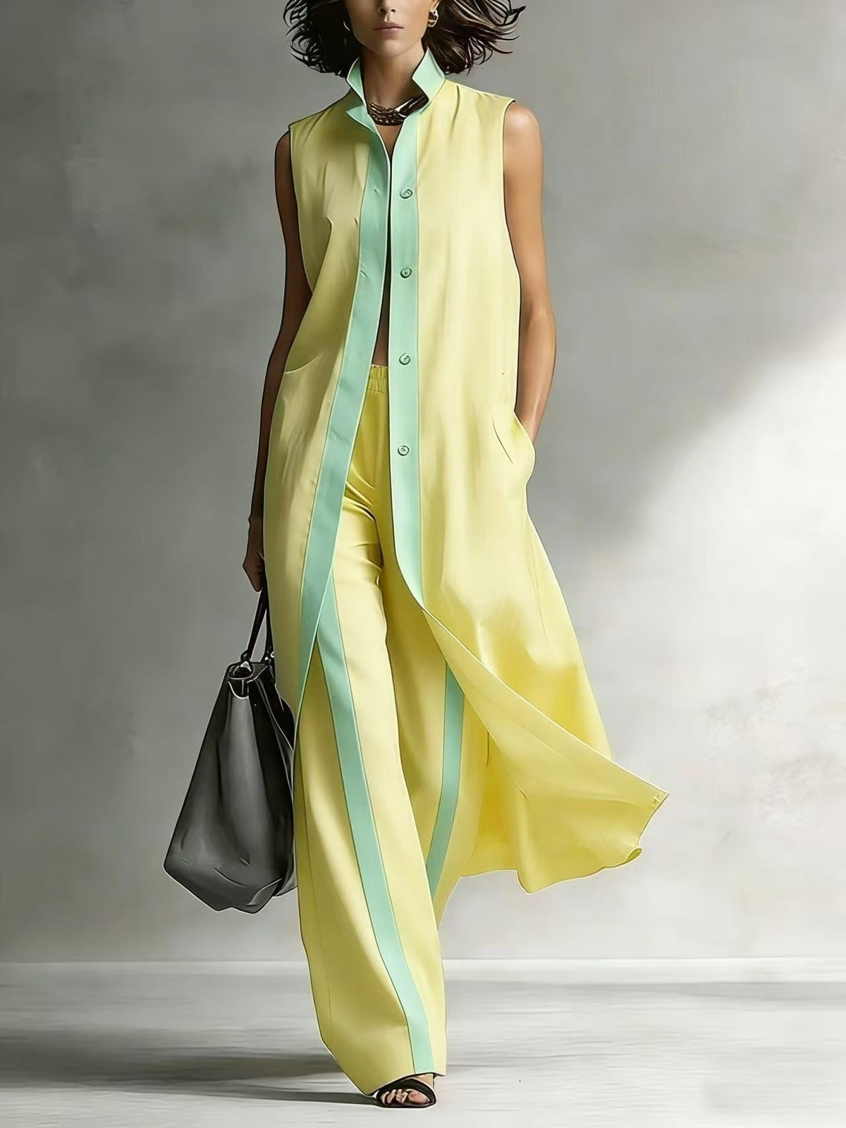Ensemble Tunique sans Manches Contraste et Pantalon Large Jambe Sophistication Moderne, Style Ajusté Sans Effort