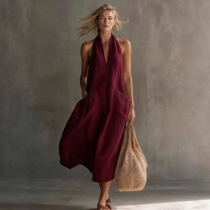Robe midi décontractée en lin à encolure dos-nu avec poches