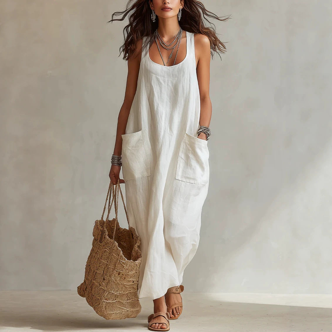Robe longue maxi décontractée et fluide, sans manches, col en U, avec poches
