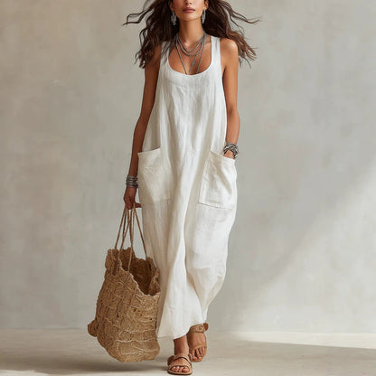 Robe longue maxi décontractée et fluide, sans manches, col en U, avec poches