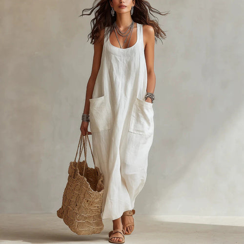 Robe longue maxi décontractée et fluide, sans manches, col en U, avec poches