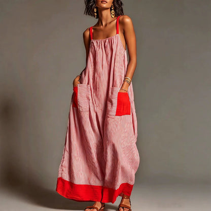 Robe longue rayée en lin et coton avec poches et bretelles spaghetti, idéale pour les vacances
