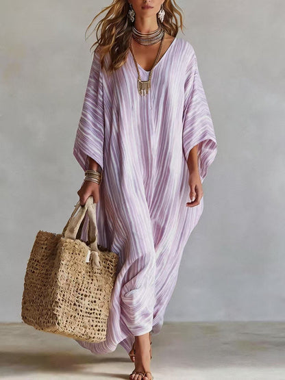 Robe longue kaftan rayée légère en mélange de lin pour femme – Paréo de plage oversize col en V