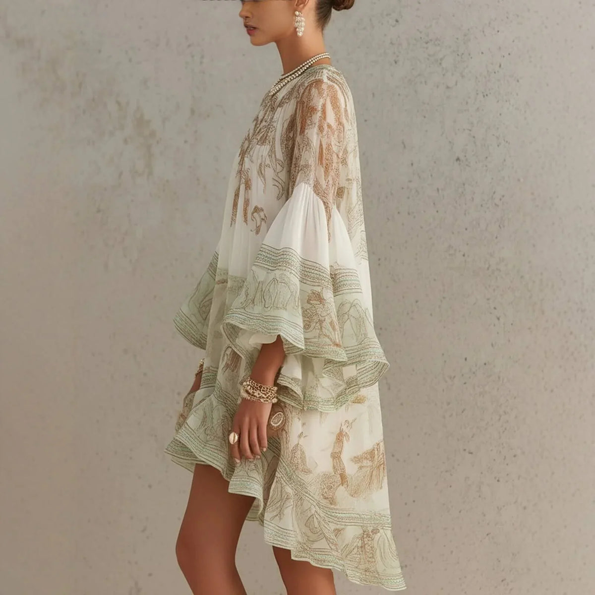 Mini-robe femme en polyester extensible imprimée bohème avec manches évasées à volants