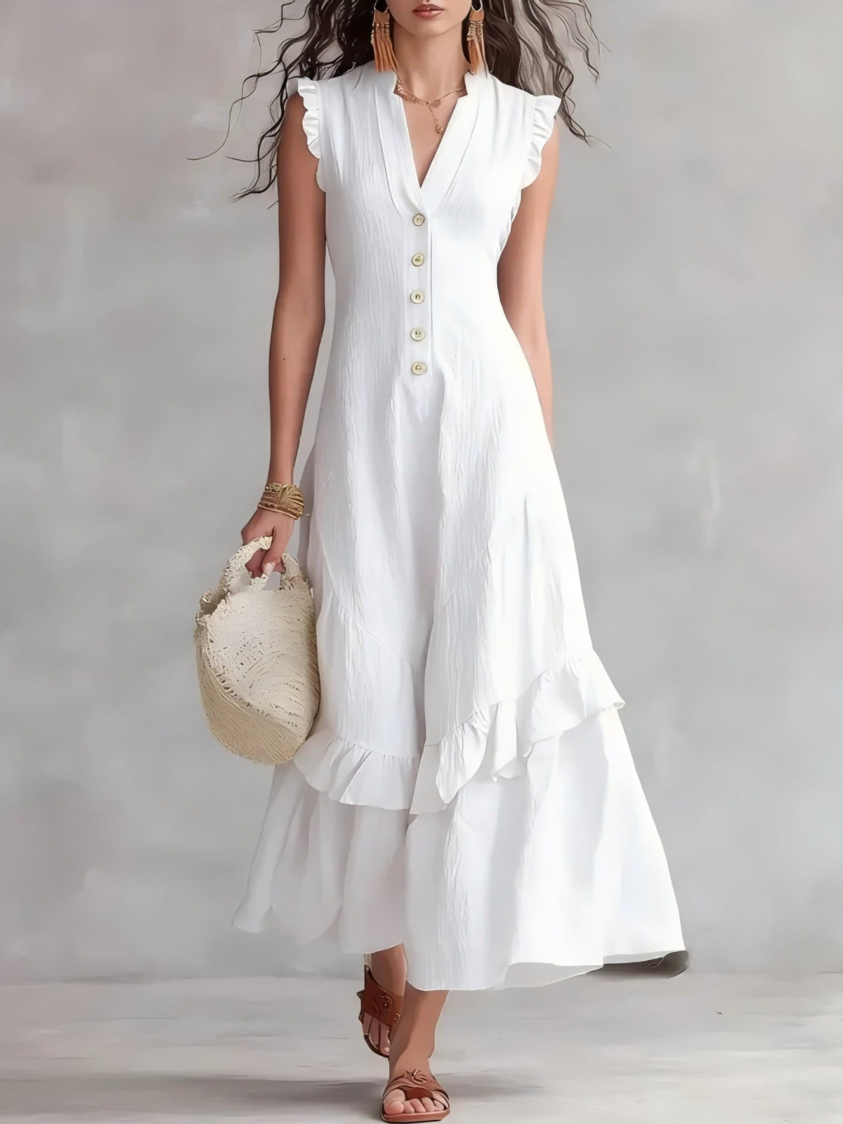 Robe longue sans manches à volants et col en V