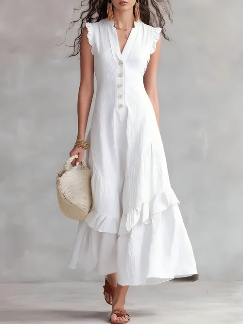 Robe longue sans manches à volants et col en V