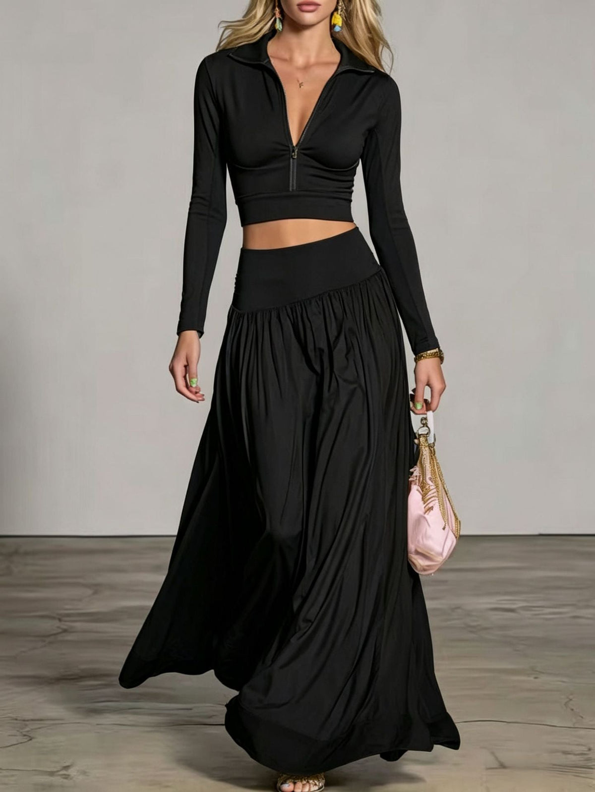 Half‑Zip Crop Top & High‑Waist Flowy Maxi Skirt Two‑Piece Set - Black / S